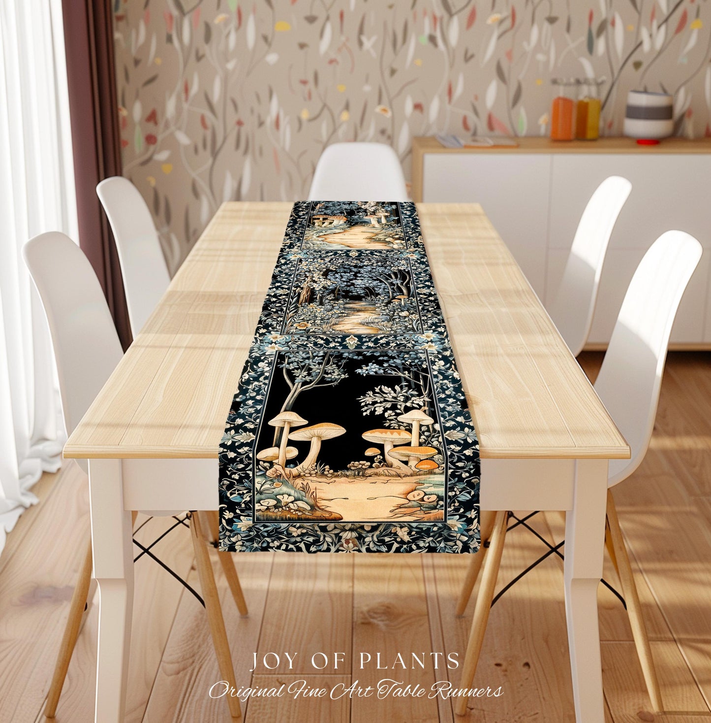 Dreamy Forest Landscape Botanical Table Runner | Misty Forest Dark Cottagecore Aesthetic Fairycore Dining Room Table Magical Jungle Decor