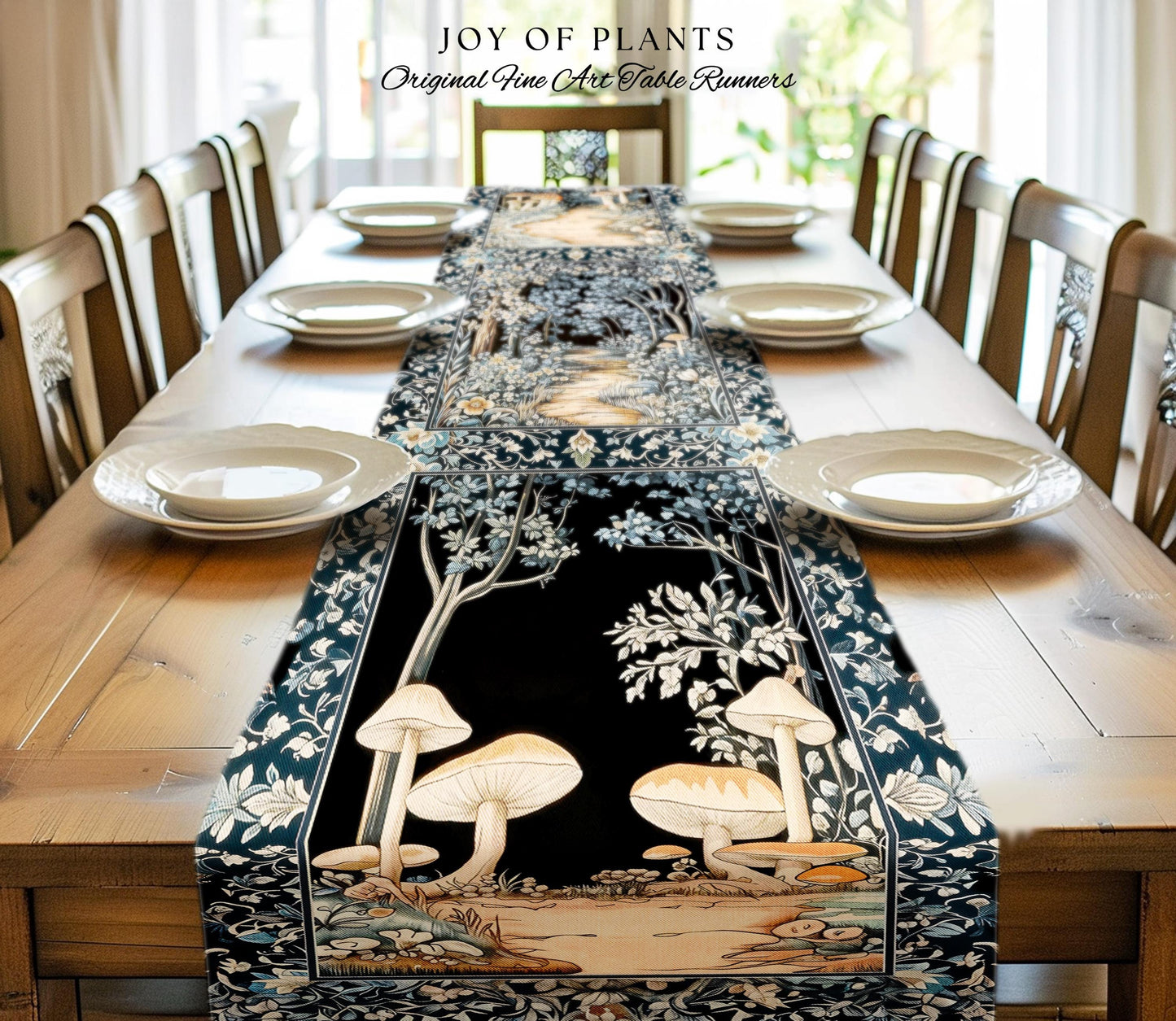 Dreamy Forest Landscape Botanical Table Runner | Misty Forest Dark Cottagecore Aesthetic Fairycore Dining Room Table Magical Jungle Decor