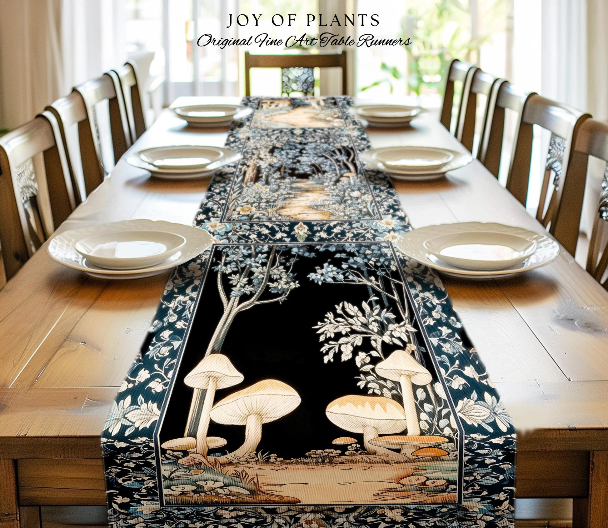Dreamy Forest Landscape Botanical Table Runner | Misty Forest Dark Cottagecore Aesthetic Fairycore Dining Room Table Magical Jungle Decor