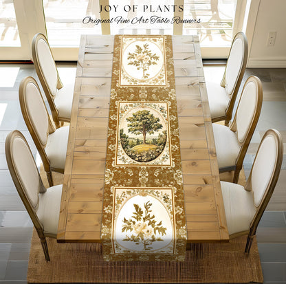 French Countryside Botanical Tree Table Runner | Victorian Garden Romantic Country Decor Floral Pastoral Scene Antique Cottage Aesthetic |