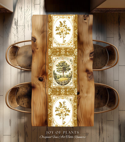 French Countryside Botanical Tree Table Runner | Victorian Garden Romantic Country Decor Floral Pastoral Scene Antique Cottage Aesthetic |