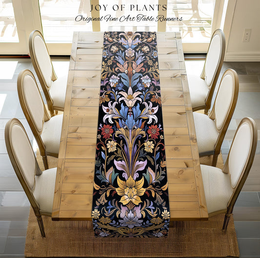 Bohemian Botanical Art Nouveau Floral Table Runner Enchanted Forest Flower Motifs, Whimsical Cottagecore Charm Fairycore Inspired Folk Art