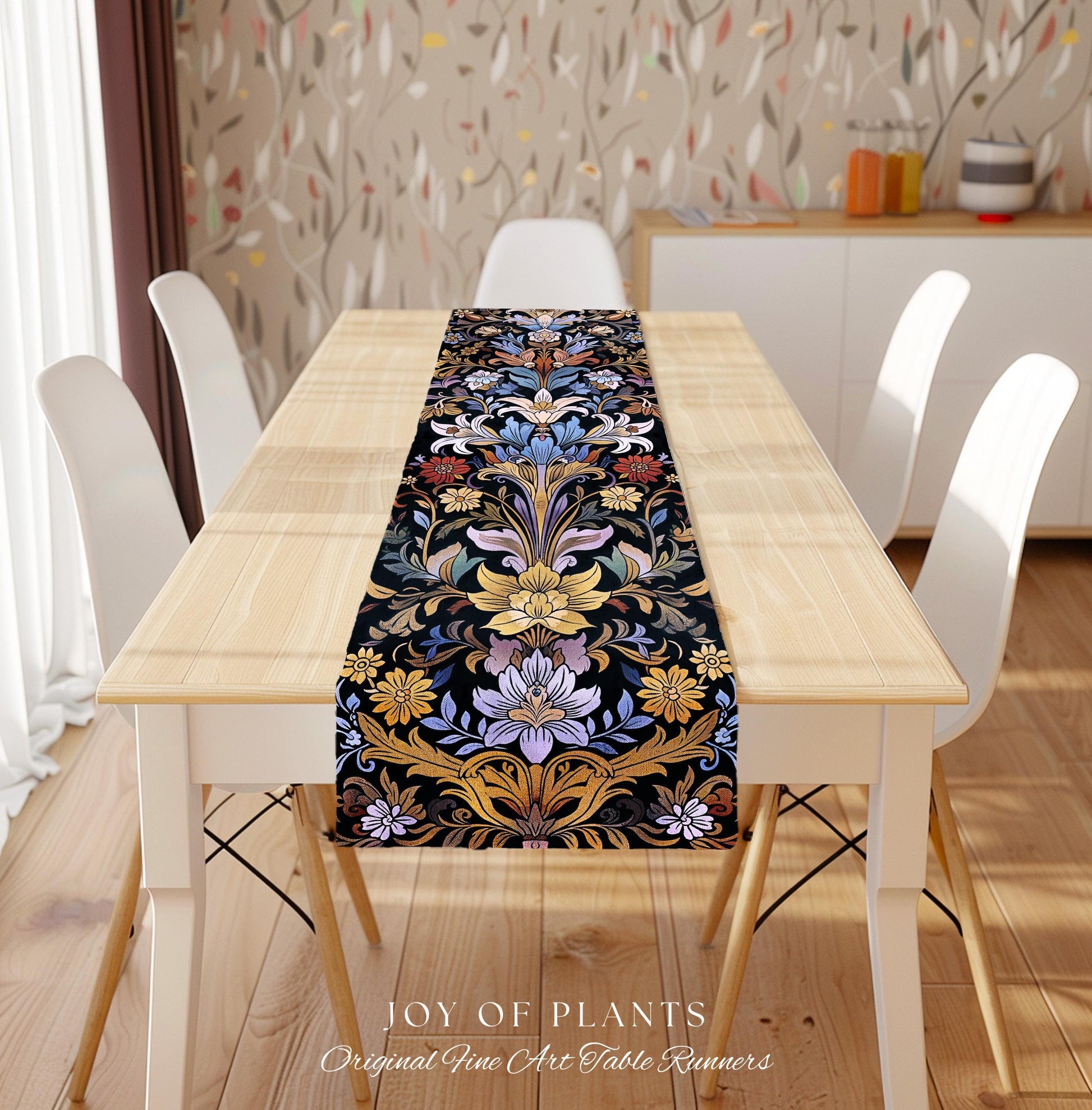 Bohemian Botanical Art Nouveau Floral Table Runner Enchanted Forest Flower Motifs, Whimsical Cottagecore Charm Fairycore Inspired Folk Art