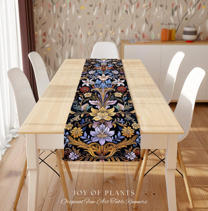 Bohemian Botanical Art Nouveau Floral Table Runner Enchanted Forest Flower Motifs, Whimsical Cottagecore Charm Fairycore Inspired Folk Art