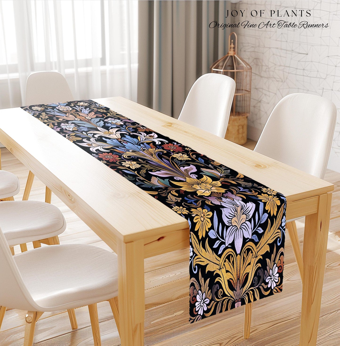 Bohemian Botanical Art Nouveau Floral Table Runner Enchanted Forest Flower Motifs, Whimsical Cottagecore Charm Fairycore Inspired Folk Art