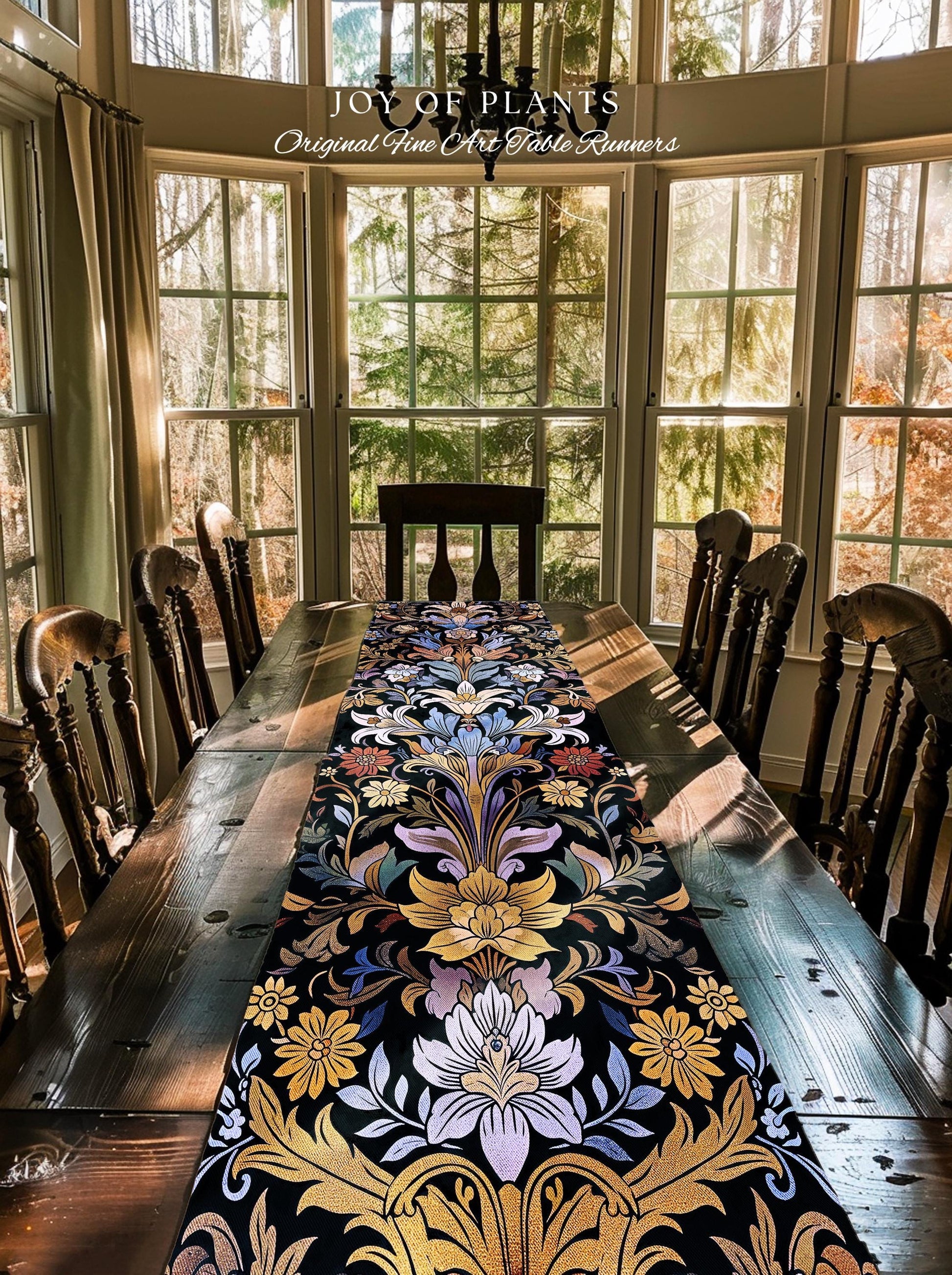 Bohemian Botanical Art Nouveau Floral Table Runner Enchanted Forest Flower Motifs, Whimsical Cottagecore Charm Fairycore Inspired Folk Art