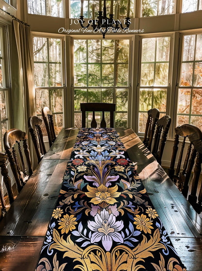 Bohemian Botanical Art Nouveau Floral Table Runner Enchanted Forest Flower Motifs, Whimsical Cottagecore Charm Fairycore Inspired Folk Art