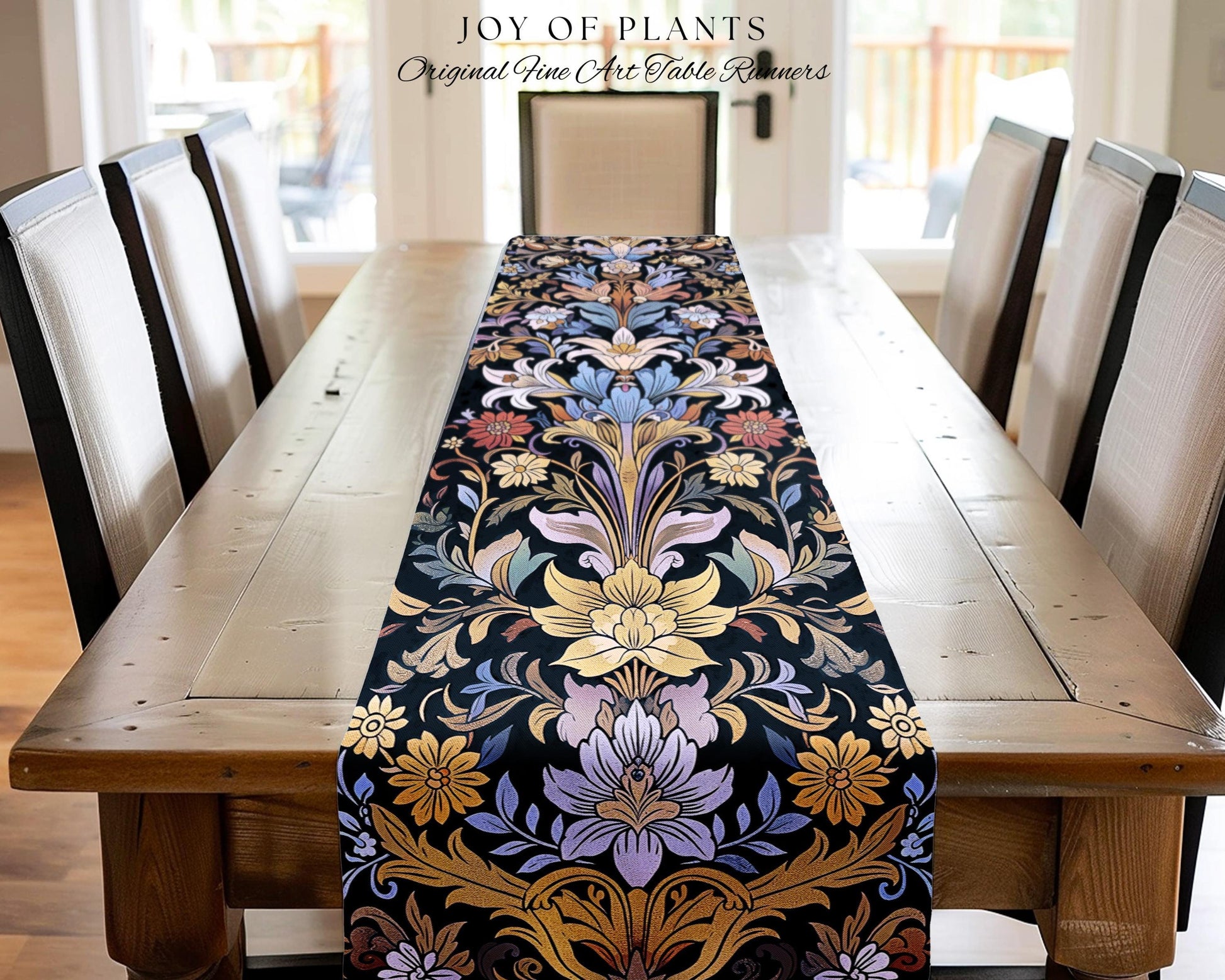 Bohemian Botanical Art Nouveau Floral Table Runner Enchanted Forest Flower Motifs, Whimsical Cottagecore Charm Fairycore Inspired Folk Art