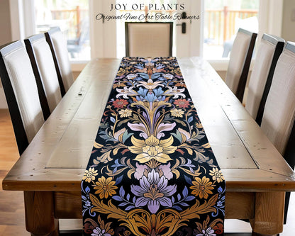Bohemian Botanical Art Nouveau Floral Table Runner Enchanted Forest Flower Motifs, Whimsical Cottagecore Charm Fairycore Inspired Folk Art