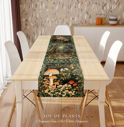 Botanical Woodland Table Runner Fairycore | Woodland Mushroom Aesthetic Nature Lover Dining Room Decor Ethereal Emerald Green Decor Fairy