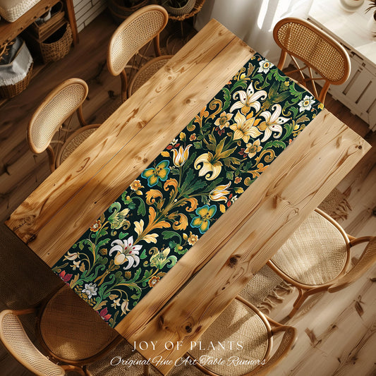 Rustic Farmhouse Floral Table Runner Country Cottage Charm | Soft Cottagecore Botanical Elegance Boho Flower Pattern Morris Style Home Decor