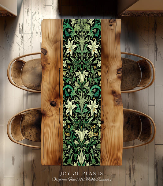 Ornate Green Botanical Table Runner Art Nouveau Victorian Floral William Morris Inspired Decor | Elegant Academia Lily Flower Cottagecore