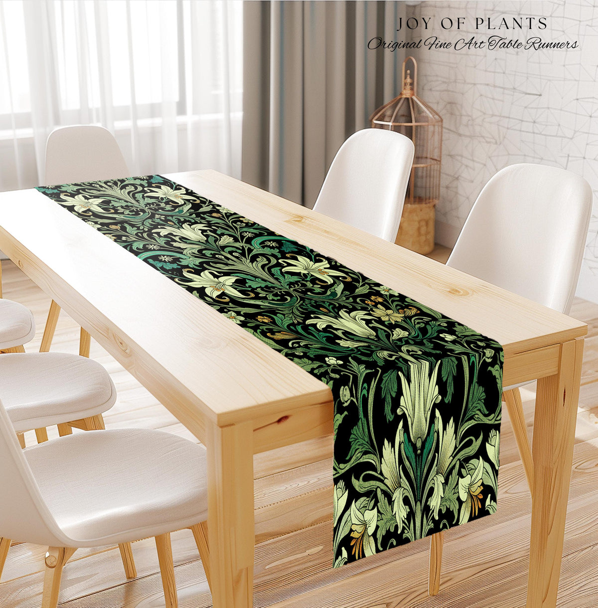 Ornate Green Botanical Table Runner Art Nouveau Victorian Floral William Morris Inspired Decor | Elegant Academia Lily Flower Cottagecore