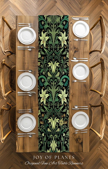 Ornate Green Botanical Table Runner Art Nouveau Victorian Floral William Morris Inspired Decor | Elegant Academia Lily Flower Cottagecore