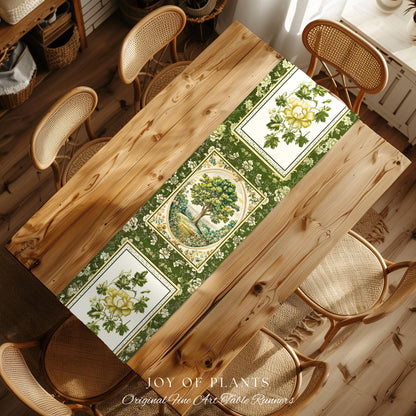 Victorian Soft Aesthetic Tree of Life Runner | Romantic Botanical Regency Decor Floral Enchanted Forest Accent Green Tones Cottagecore Table