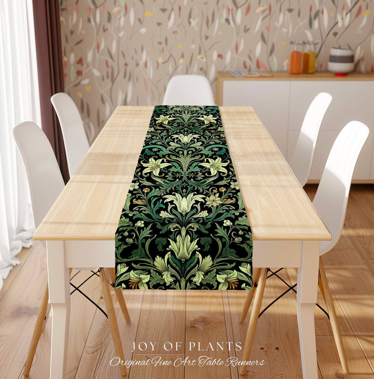 Ornate Green Botanical Table Runner Art Nouveau Victorian Floral William Morris Inspired Decor | Elegant Academia Lily Flower Cottagecore