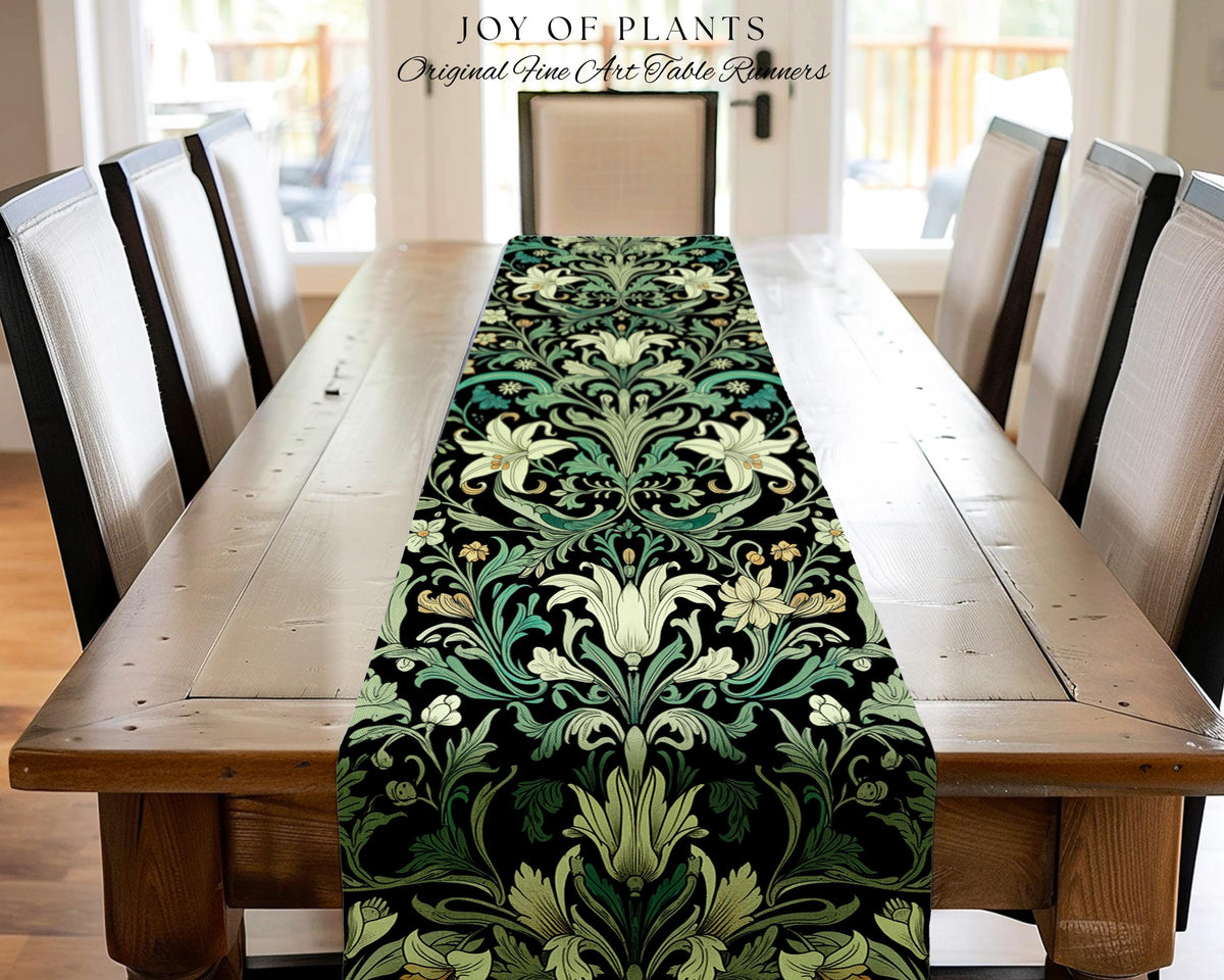 Ornate Green Botanical Table Runner Art Nouveau Victorian Floral William Morris Inspired Decor | Elegant Academia Lily Flower Cottagecore