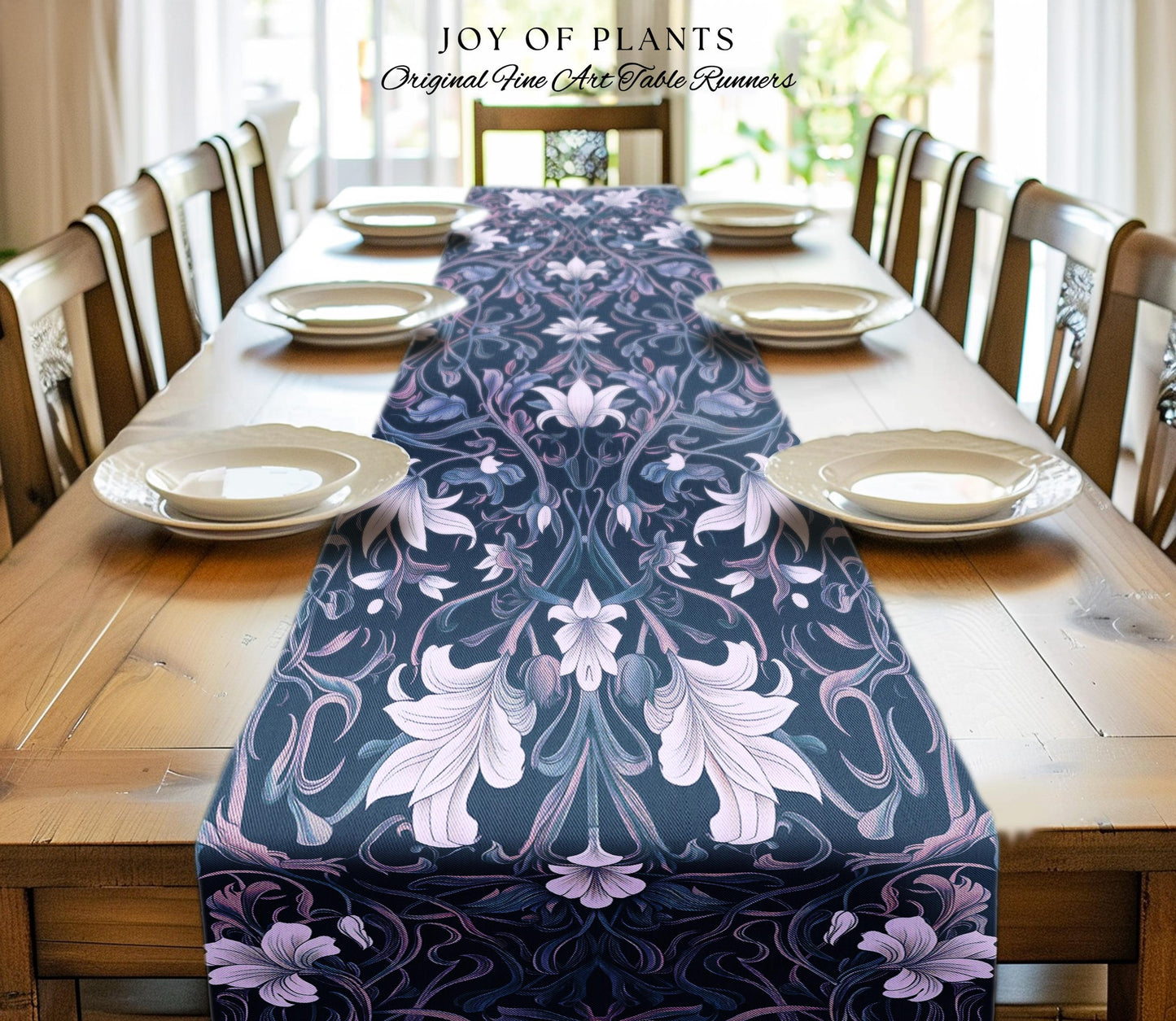 Colorful Floral Table Runner Whimsical | Ornate Renaissance Style Art Deco Aesthetic Purple Dark Botanical Dining Room Morris Inspired Decor