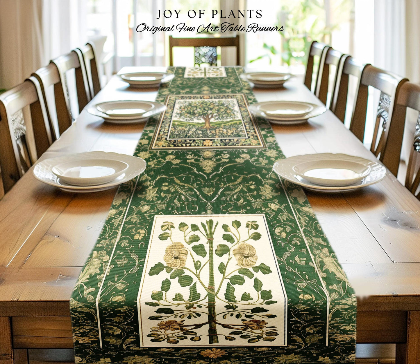 Emerald Green Floral Tree of Life Table Runner | Botanical Forestcore Folklore Vintage Floral Enchanted Cozy Cottagecore Whimsical Natural