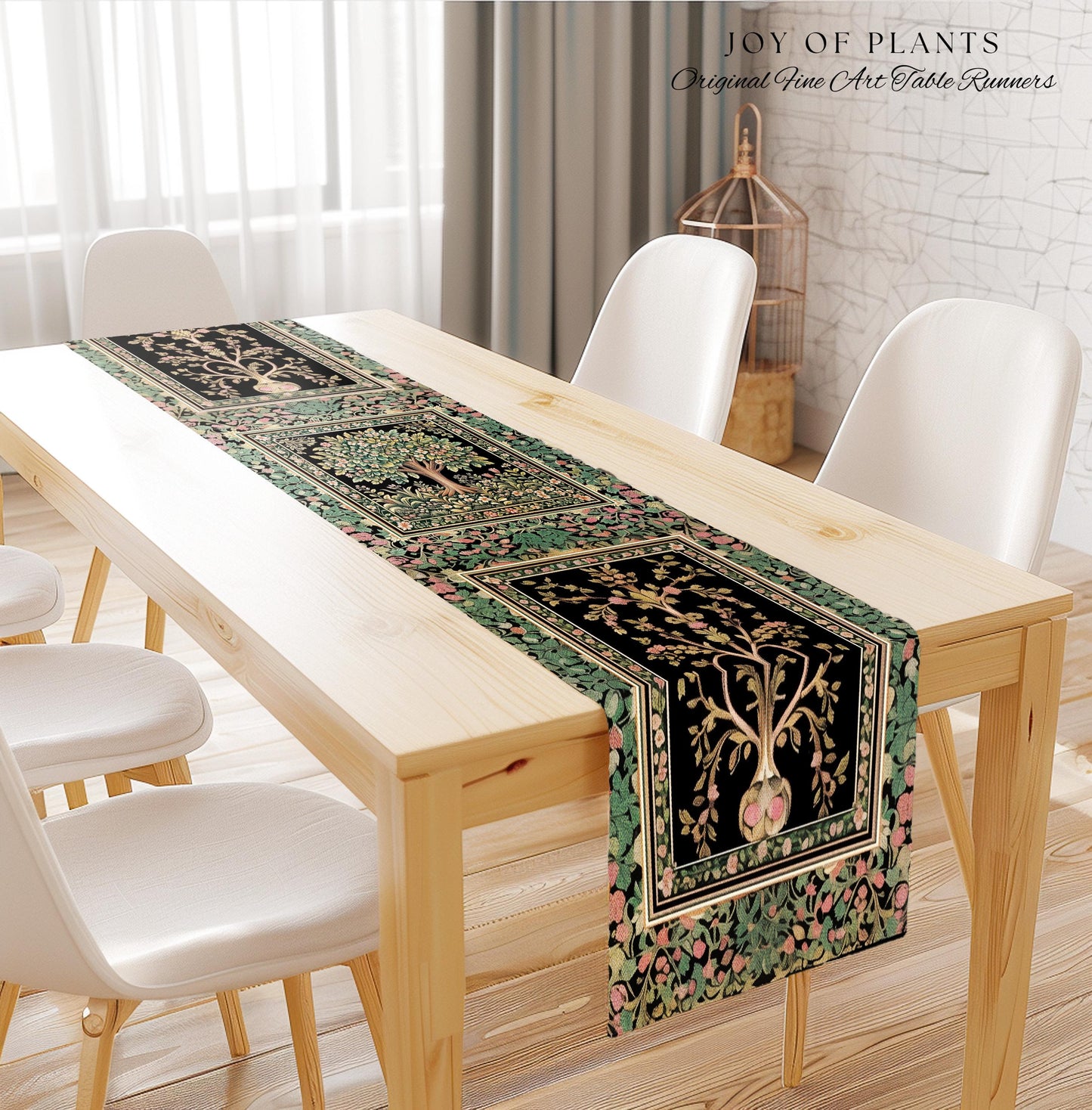 Fairy Garden Tree of Life Table Runner | Cottagecore Countryside Romantic Floral Landscape Whimsical Chateau Style Bohemian Botanical Home