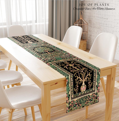 Fairy Garden Tree of Life Table Runner | Cottagecore Countryside Romantic Floral Landscape Whimsical Chateau Style Bohemian Botanical Home