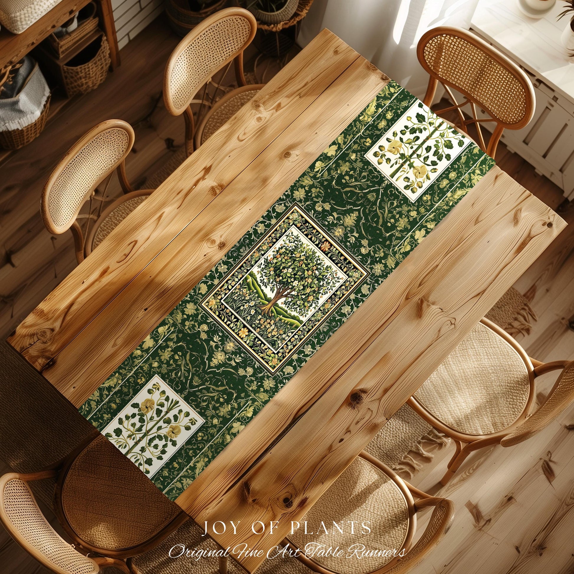 Emerald Green Floral Tree of Life Table Runner | Botanical Forestcore Folklore Vintage Floral Enchanted Cozy Cottagecore Whimsical Natural