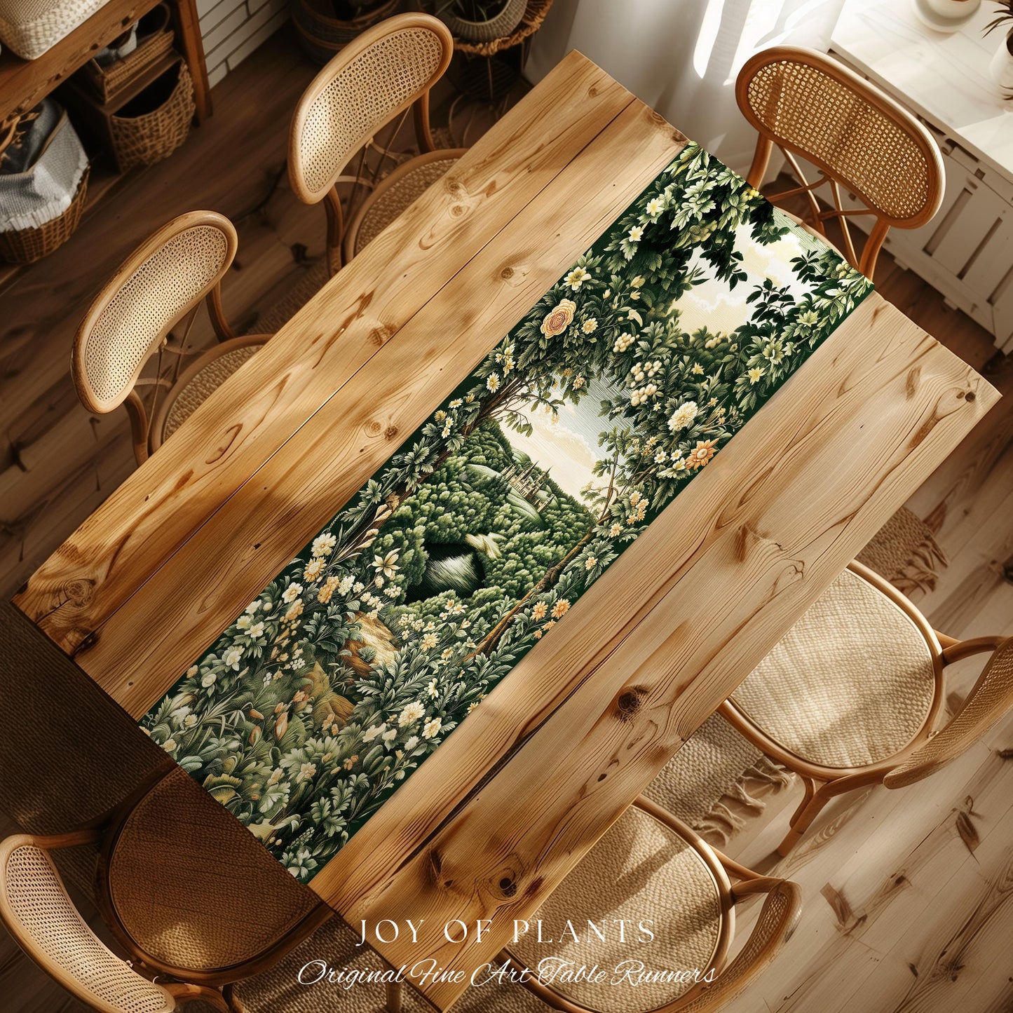 Castle Landscape Botanical Table Runner | Fairytale Aesthetic Mystic Garden Dining Room Fairycore Woodland Nature Princesscore Home Decor |