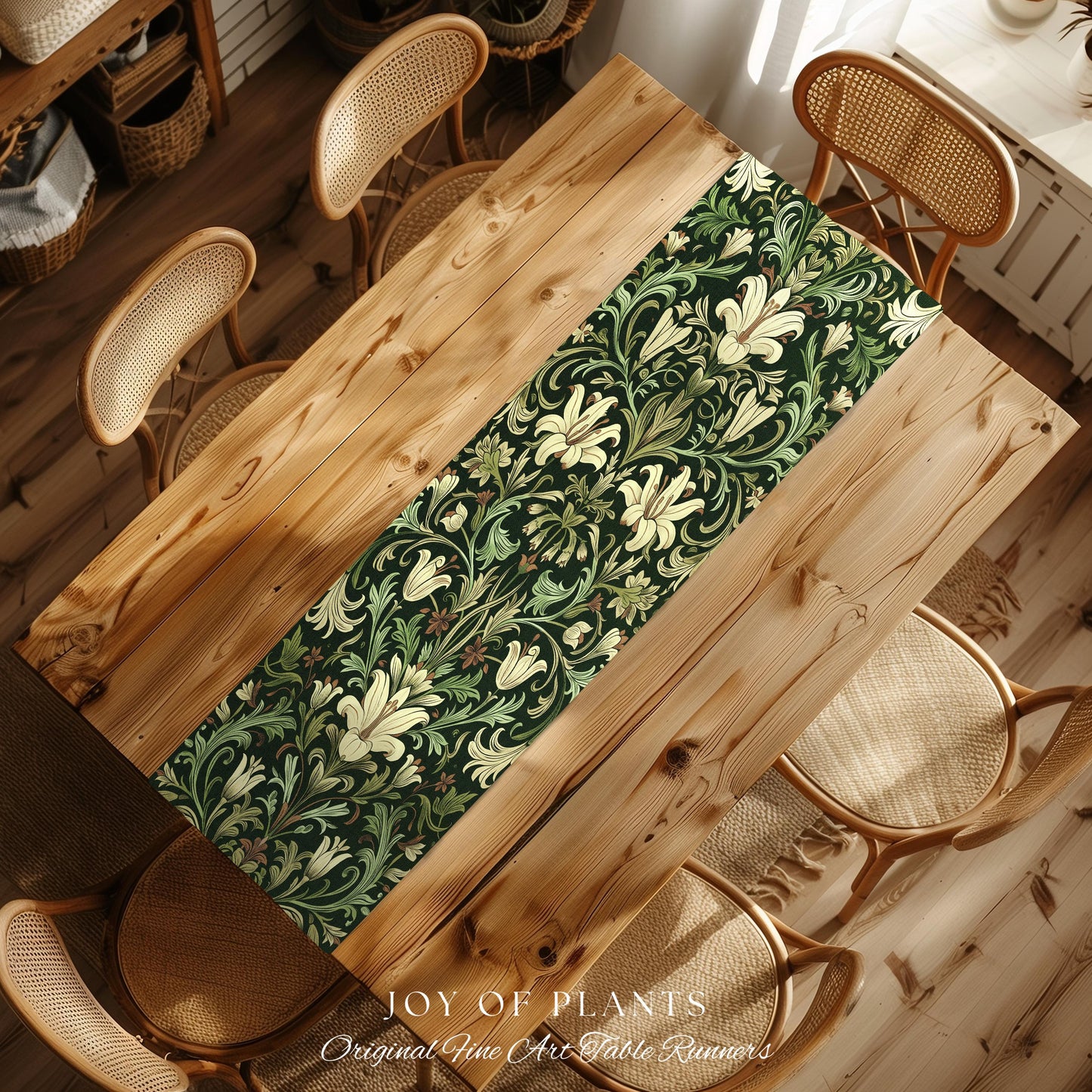 Antique Victorian Floral Table Runner Dark Green Botanical Aesthetic, Baroque Inspired Art Nouveau Vintage Cottagecore William Morris Style