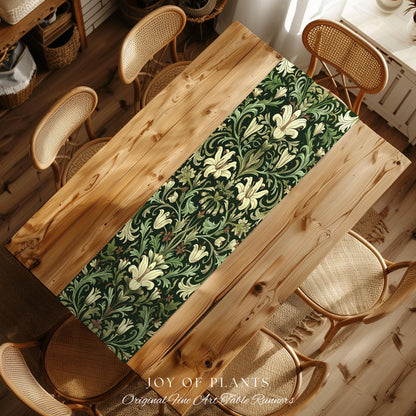 Antique Victorian Floral Table Runner Dark Green Botanical Aesthetic, Baroque Inspired Art Nouveau Vintage Cottagecore William Morris Style