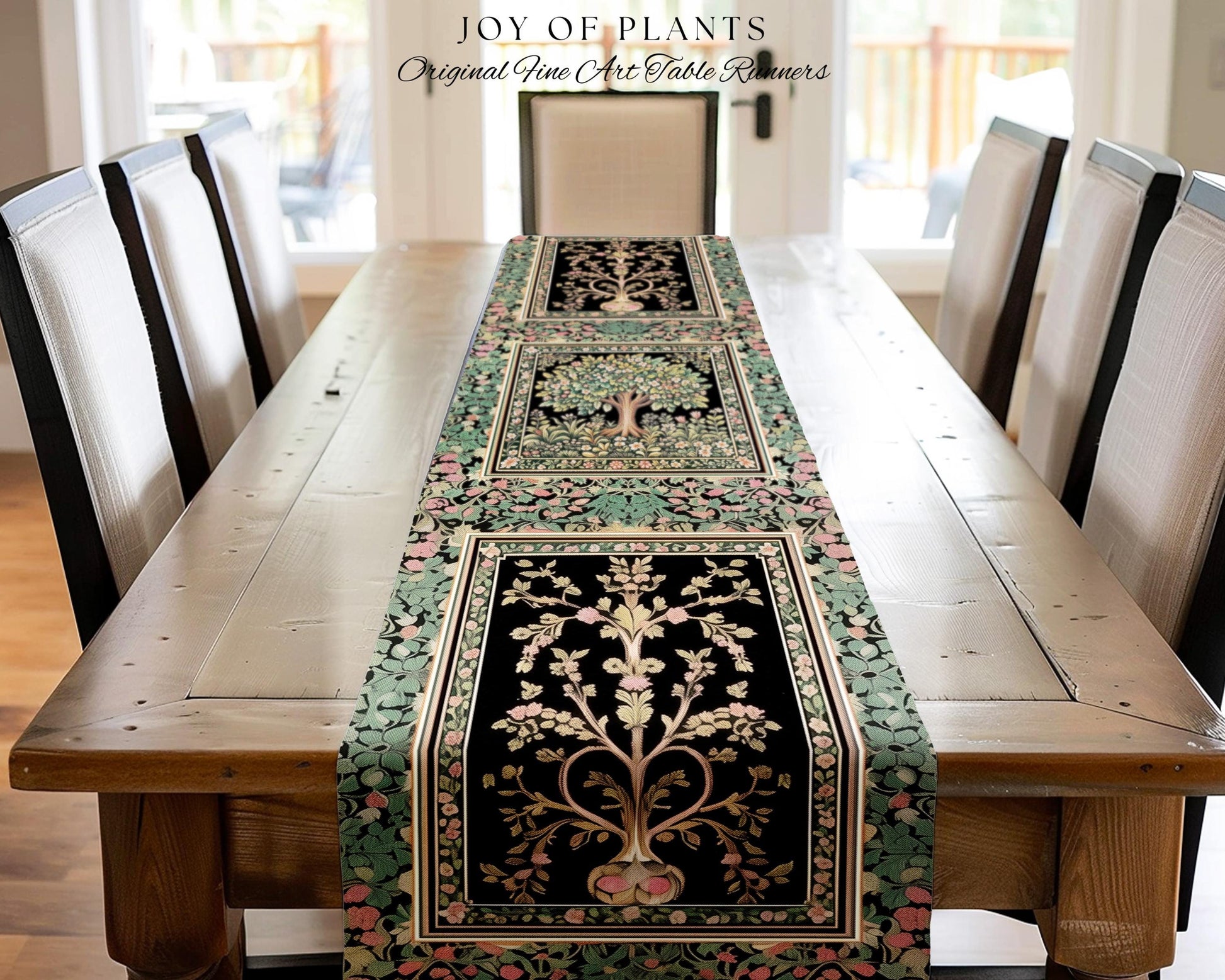 Fairy Garden Tree of Life Table Runner | Cottagecore Countryside Romantic Floral Landscape Whimsical Chateau Style Bohemian Botanical Home