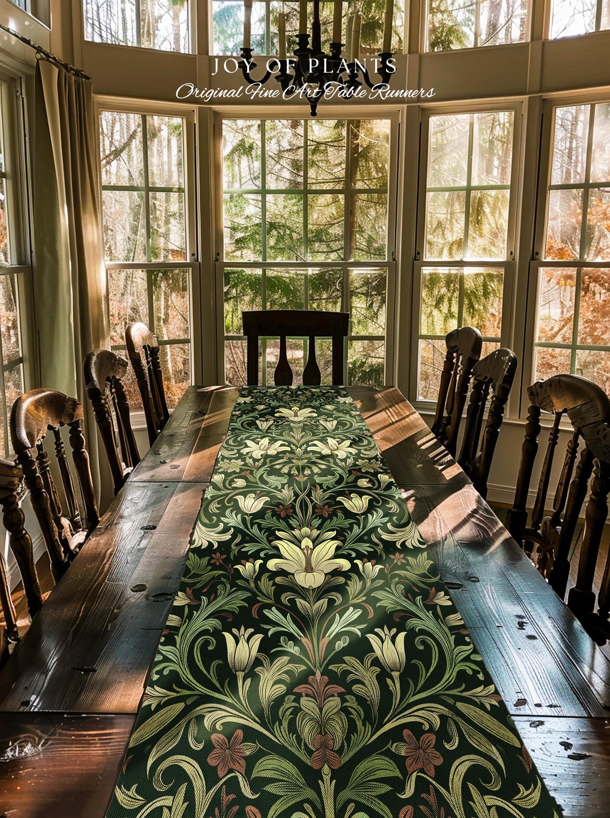 Antique Victorian Floral Table Runner Dark Green Botanical Aesthetic, Baroque Inspired Art Nouveau Vintage Cottagecore William Morris Style