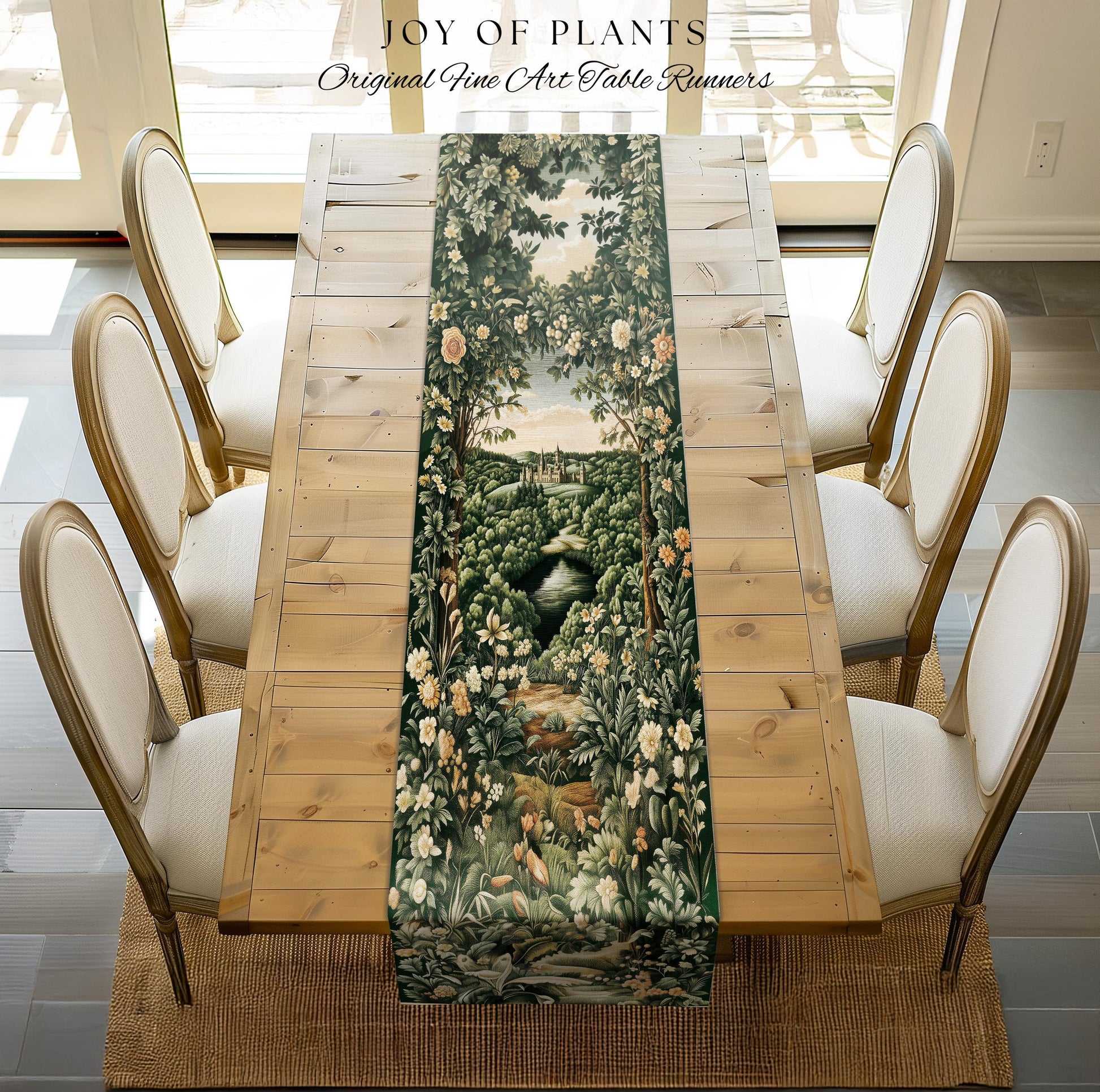 Castle Landscape Botanical Table Runner | Fairytale Aesthetic Mystic Garden Dining Room Fairycore Woodland Nature Princesscore Home Decor |