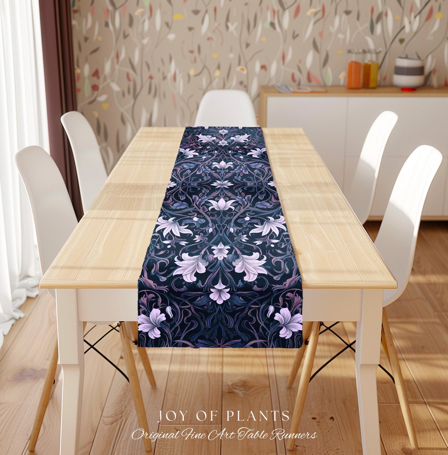 Colorful Floral Table Runner Whimsical | Ornate Renaissance Style Art Deco Aesthetic Purple Dark Botanical Dining Room Morris Inspired Decor