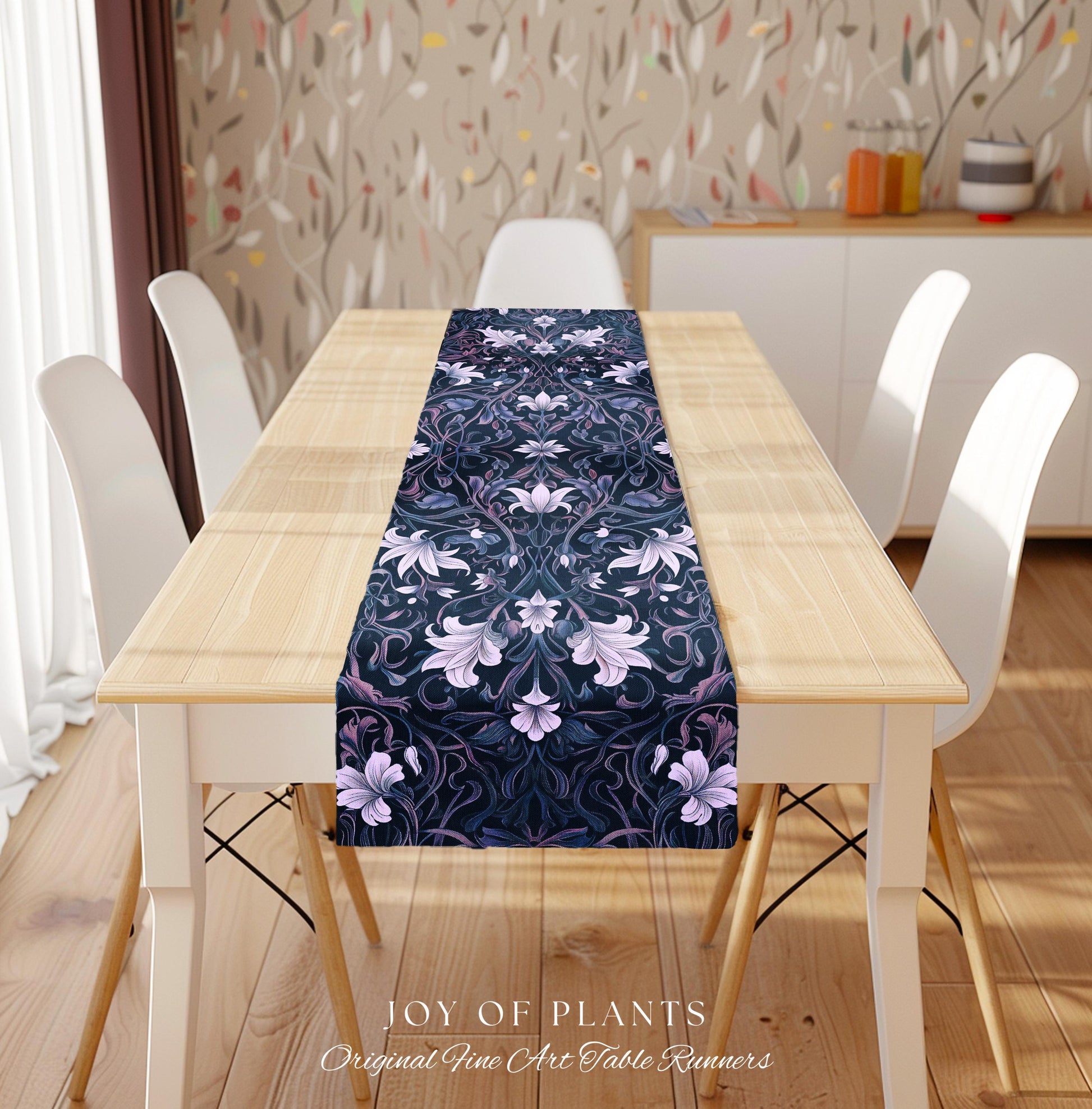 Colorful Floral Table Runner Whimsical | Ornate Renaissance Style Art Deco Aesthetic Purple Dark Botanical Dining Room Morris Inspired Decor