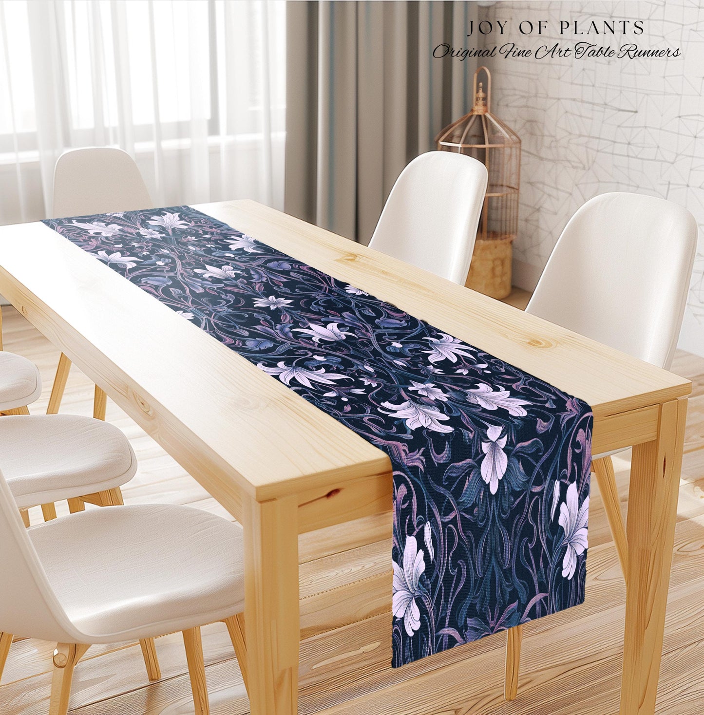 Colorful Floral Table Runner Whimsical | Ornate Renaissance Style Art Deco Aesthetic Purple Dark Botanical Dining Room Morris Inspired Decor