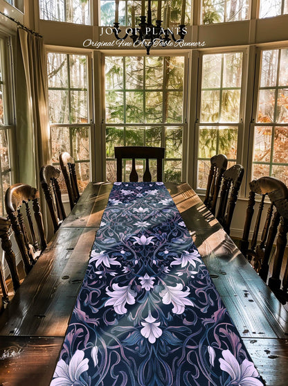 Colorful Floral Table Runner Whimsical | Ornate Renaissance Style Art Deco Aesthetic Purple Dark Botanical Dining Room Morris Inspired Decor