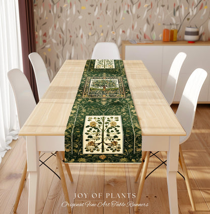 Emerald Green Floral Tree of Life Table Runner | Botanical Forestcore Folklore Vintage Floral Enchanted Cozy Cottagecore Whimsical Natural