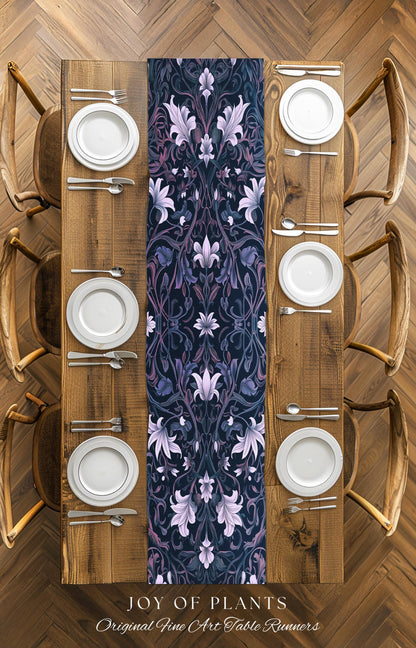 Colorful Floral Table Runner Whimsical | Ornate Renaissance Style Art Deco Aesthetic Purple Dark Botanical Dining Room Morris Inspired Decor