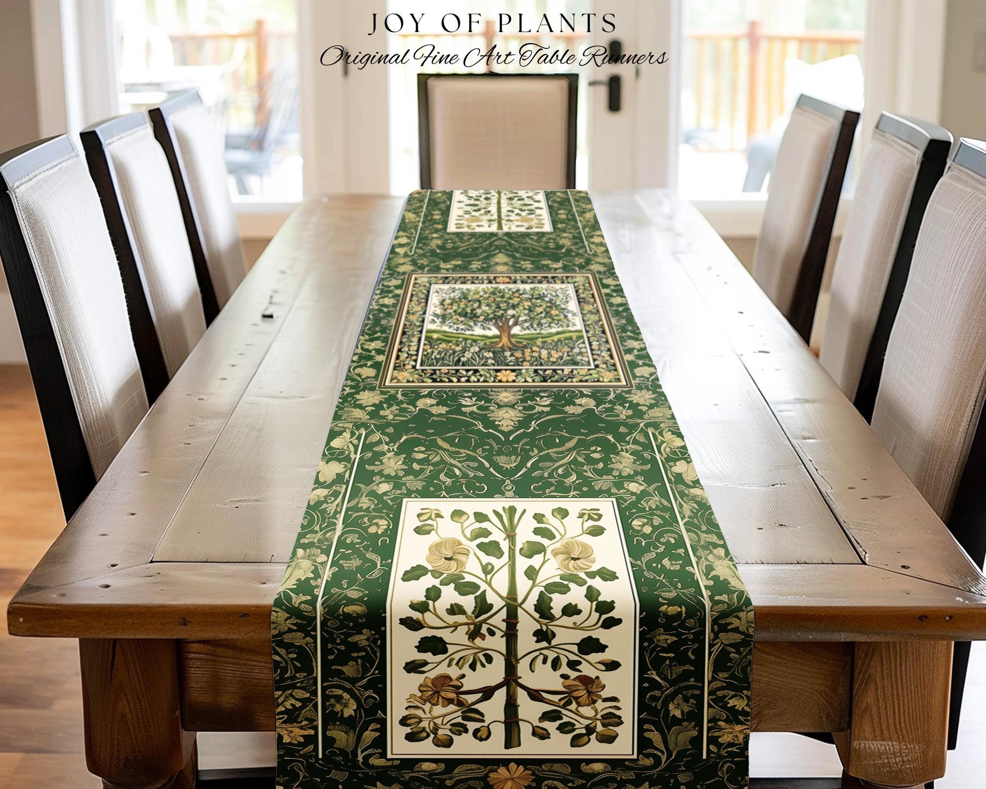 Emerald Green Floral Tree of Life Table Runner | Botanical Forestcore Folklore Vintage Floral Enchanted Cozy Cottagecore Whimsical Natural