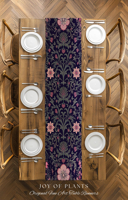 Table Runner Whimsical Florals | Dark Renaissance Style Art Deco Aesthetic Purple Botanical Dining Room Morris Inspired Fairycore Gothic |