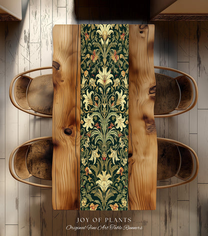 Earthy Fairycore Floral Aesthetic Table Runner | Enchanted Muted Forest Green Art Nouveau Victorian Decor Cottagecore Academia Art Deco |