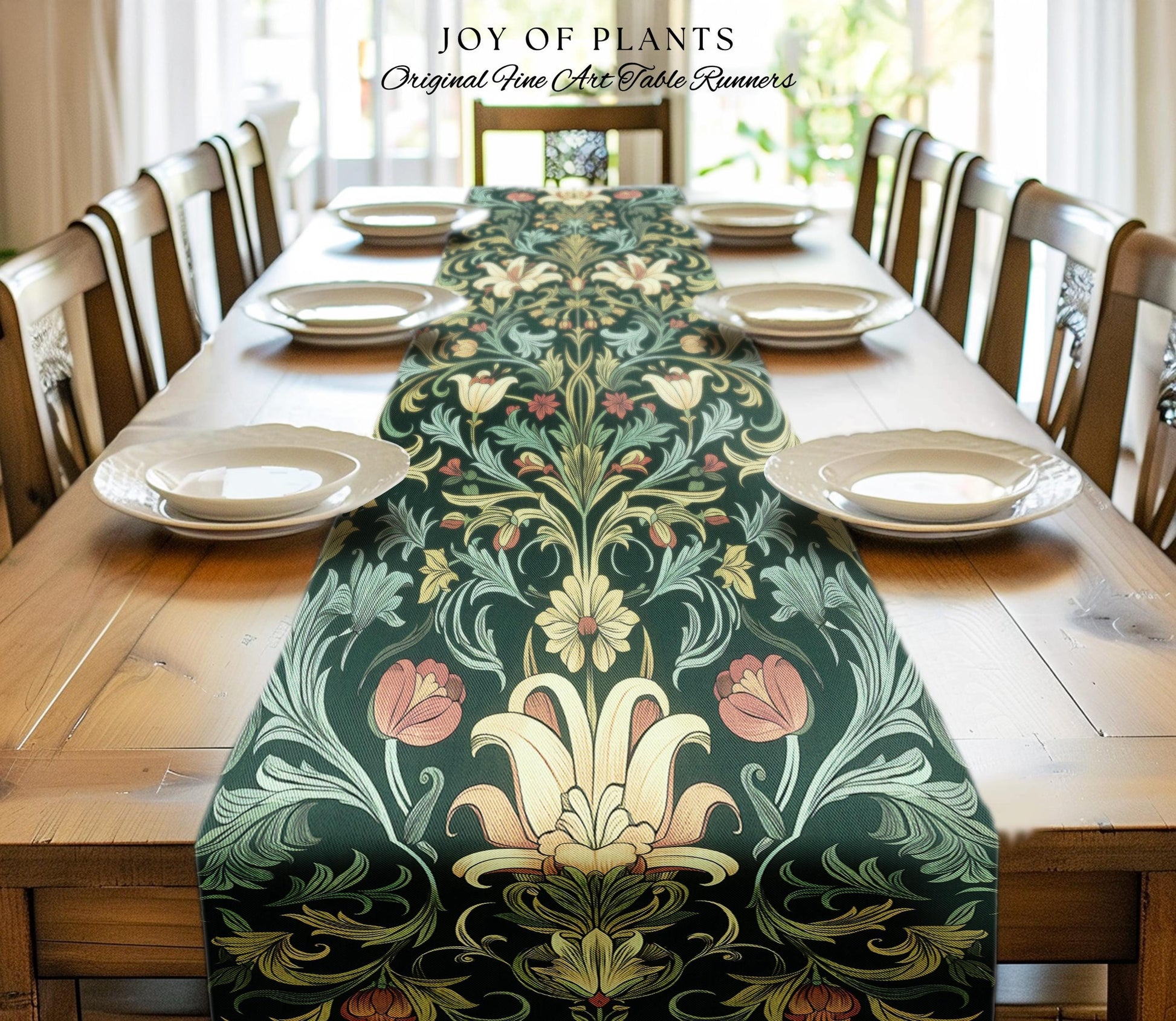 Vintage Green Botanical Art Nouveau Table Runner William Morris Style Victorian Floral Design | Dark Academia Woodland Aesthetic Gothic