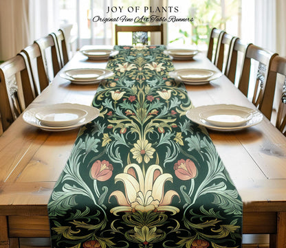 Vintage Green Botanical Art Nouveau Table Runner William Morris Style Victorian Floral Design | Dark Academia Woodland Aesthetic Gothic