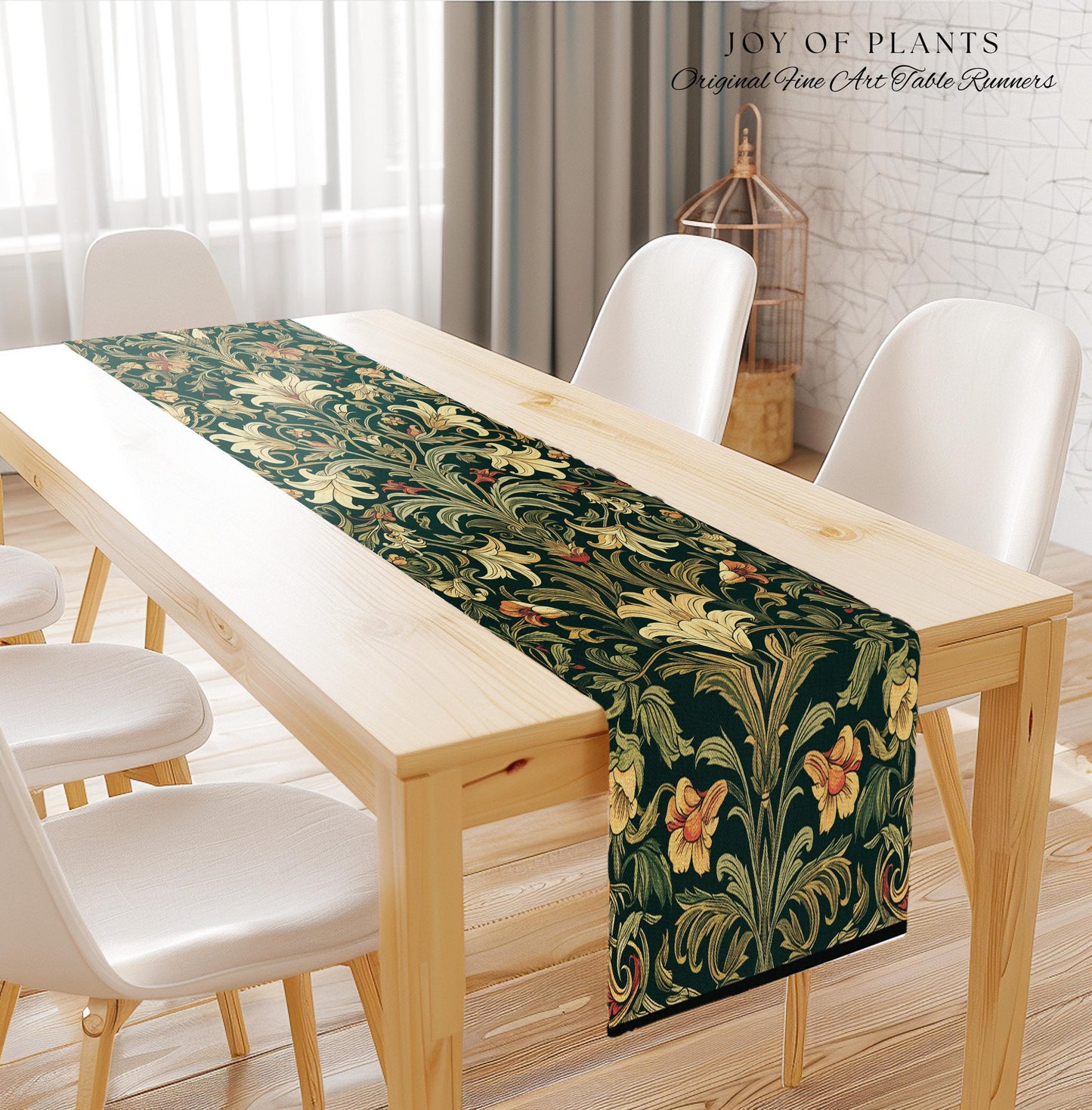 Earthy Fairycore Floral Aesthetic Table Runner | Enchanted Muted Forest Green Art Nouveau Victorian Decor Cottagecore Academia Art Deco |