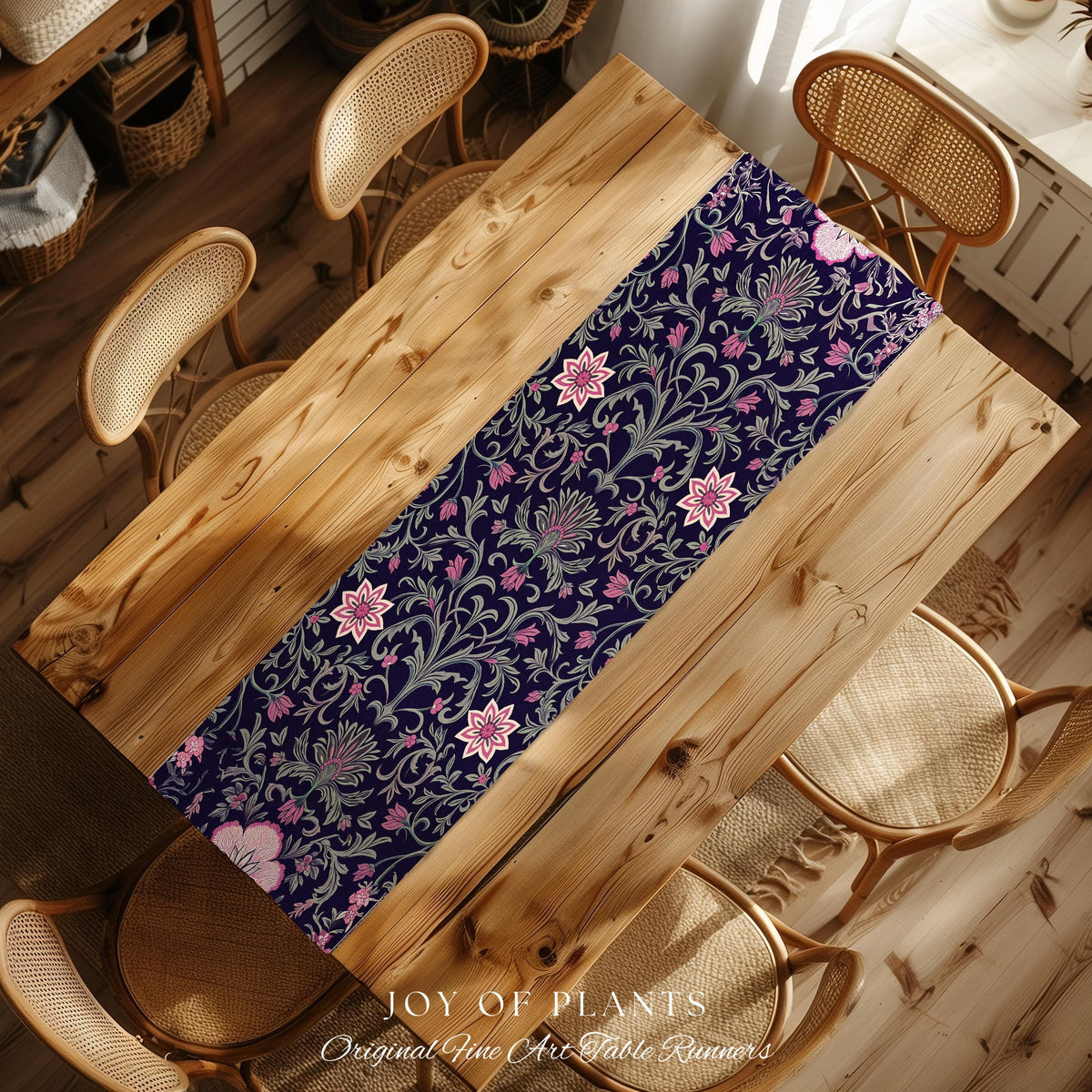 Table Runner Whimsical Florals | Dark Renaissance Style Art Deco Aesthetic Purple Botanical Dining Room Morris Inspired Fairycore Gothic |