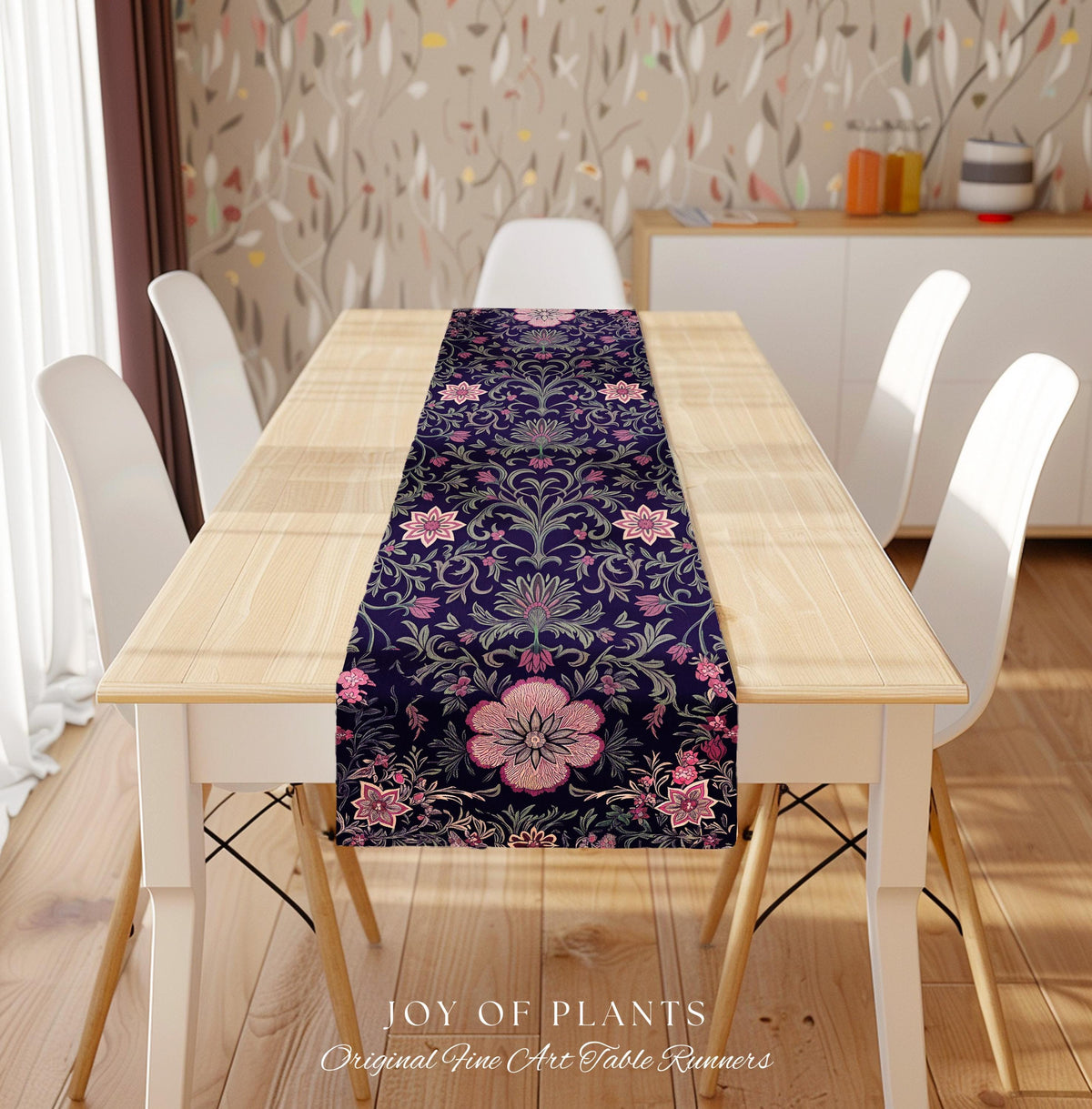 Table Runner Whimsical Florals | Dark Renaissance Style Art Deco Aesthetic Purple Botanical Dining Room Morris Inspired Fairycore Gothic |