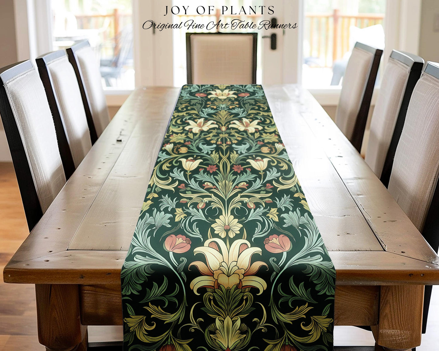 Vintage Green Botanical Art Nouveau Table Runner William Morris Style Victorian Floral Design | Dark Academia Woodland Aesthetic Gothic