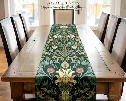 Vintage Green Botanical Art Nouveau Table Runner William Morris Style Victorian Floral Design | Dark Academia Woodland Aesthetic Gothic