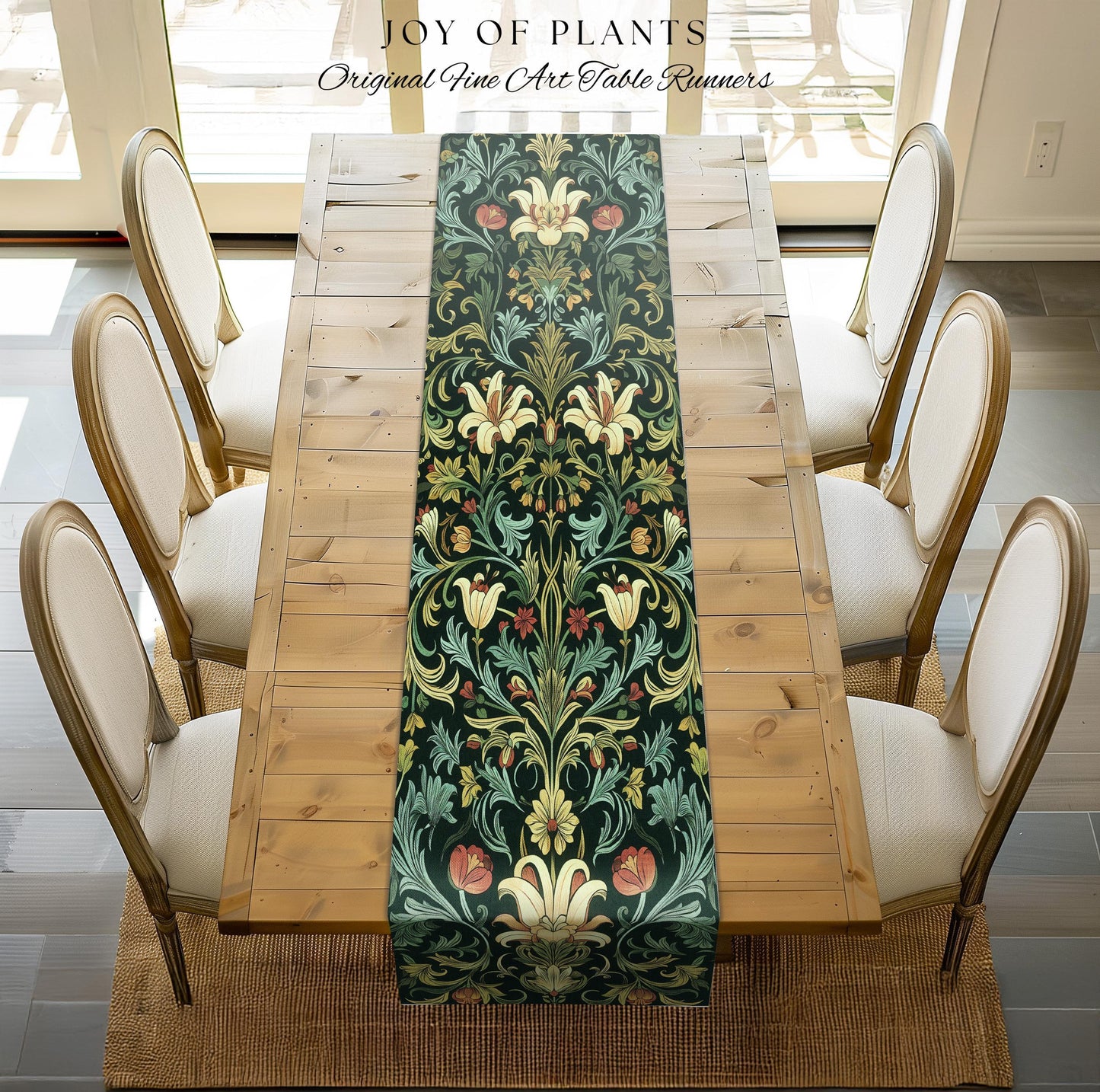 Vintage Green Botanical Art Nouveau Table Runner William Morris Style Victorian Floral Design | Dark Academia Woodland Aesthetic Gothic