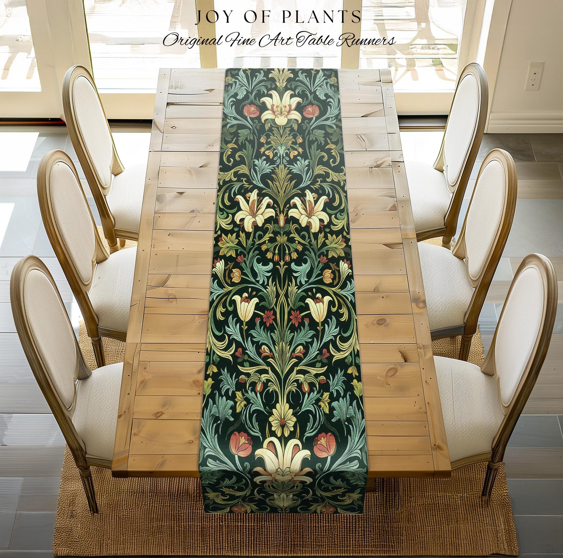 Vintage Green Botanical Art Nouveau Table Runner William Morris Style Victorian Floral Design | Dark Academia Woodland Aesthetic Gothic